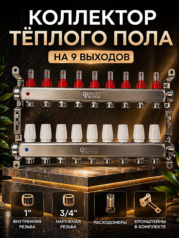 Коллекторная группа CF нерж сталь 9 вых. в сборе с расходомерами и термостатическими клапанами MFA9