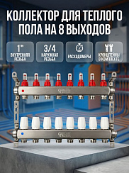 Коллекторная группа CF нерж сталь 8 вых. в сборе с расходомерами и термостатическими клапанами MFA8